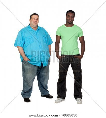 African man with perfect body together with a nice fat man isolated on white background
