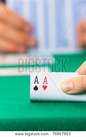 Playing cards closeup of hands holding deck