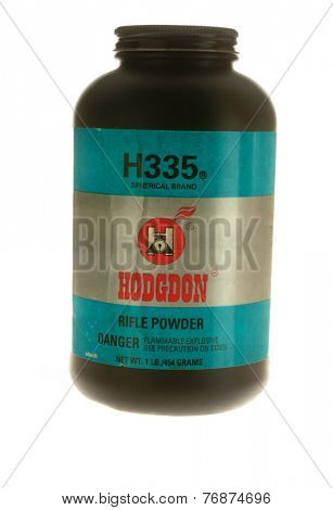 Hayward, CA - November 23, 2014: Plastic container of Hodgdon H335 gunpowder