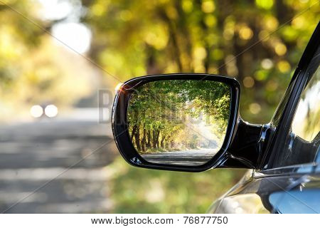 Reflection of  sunny autumn road at the car side mirrow.