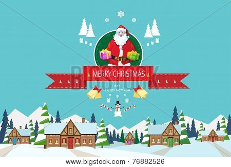 Santa claus on christmas greeting card holding gift box