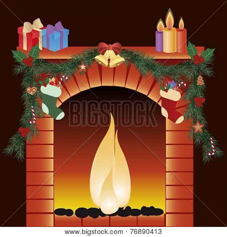 illustration of christmas decoration around fire place