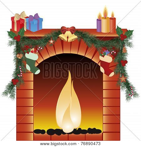 illustration of christmas decoration around fire place