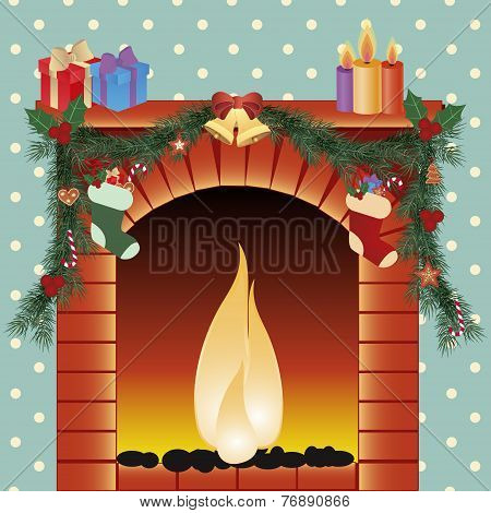 illustration of christmas decoration around fire place