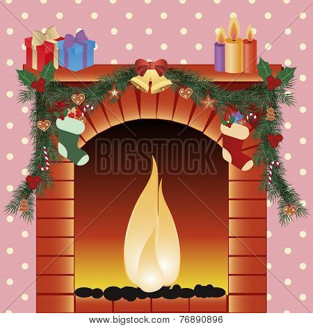 illustration of christmas decoration around fire place