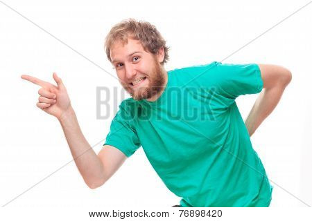 Happy Bearded Man Pointing
