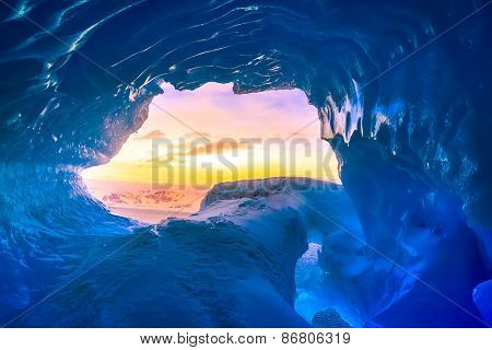 The exit from blue cave in Antarctica. Vernadsky Research Base.