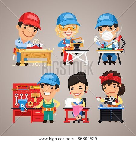 Set of Cartoon Workers at their Work Desks