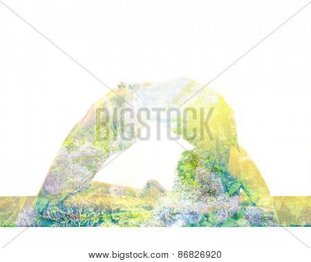 Nature harmony healthy lifestyle concept - double exposure image of  woman doing yoga asana Pigeon pose asana(kapotasana) exercise isolated on white background
