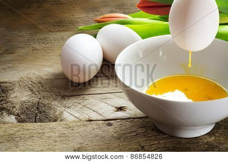Blow Out Eggs For Easter Decoration On Old Wood, Copy Space