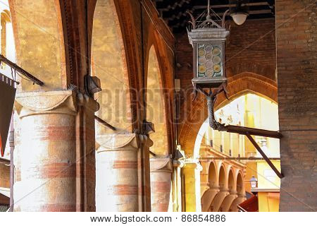 Ancient Lantern In The Courtyard Of The Palazzo Comunale In Bologna. Italy