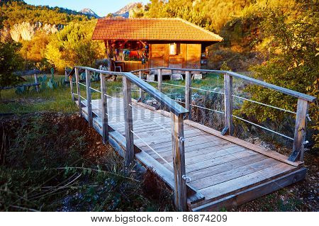 Wooden bungalows on campsite