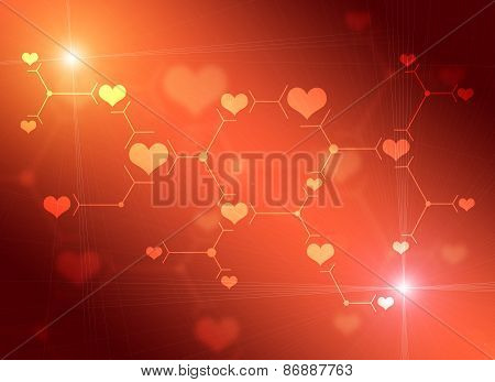 Abstract composition of red lines and hearts