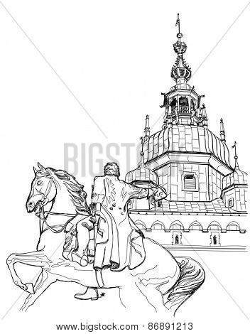 Krakow. Poland. Tadeusz Kosciuszko Monument & The Wawel Cathedral, Katedra Wawelska in Polish, was the coronation site of Polish monarchs and remains Poland's most important national sanctuary