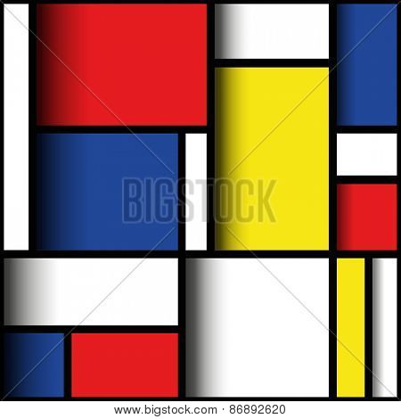 Geometric design in primary colours, with three dimensional layered effect. Mondrian style. 