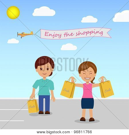 Happy shoppers in the parking lot at the store