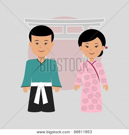 Man and woman in Japanese costumes
