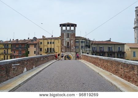 VERONA, ITALY - JULY 13: Verona seeing from atop Pietra Bridge. July 13, 2015 in Verona.