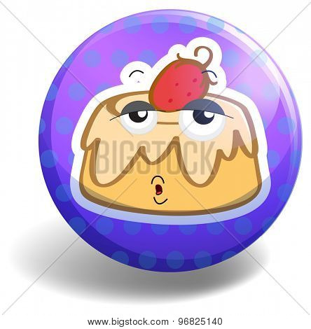 Blue badge with a picture of a cake with eyes and mouth on white background