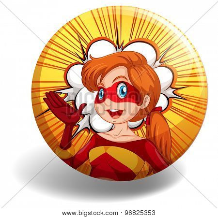 Badge of a superwoman character in red and yellow costume	