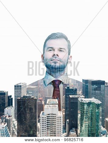 Close Up Of The Transparent Businessman And New York Panoramic View. White Background.