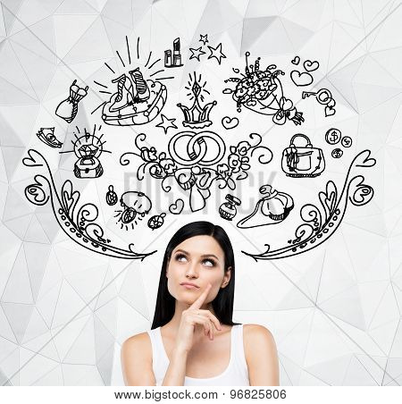 Brunette Woman Is Dreaming About Sopping. Shopping Icons Are Flying In The Air. Contemporary Backgro