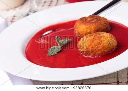 Strawberry Soup With Italian Fried Rice Balls Arancini.