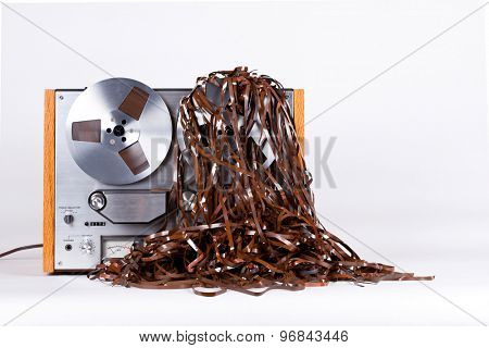 Open Reel Tape Deck Recorder Player with Messy Entangled Tape