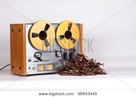 Open Reel Tape Deck Recorder Player with Messy Entangled Tape