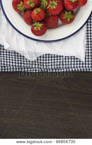 Fresh Juicy Strawberries On Vintage Enamelware Crockery On Rustic Background