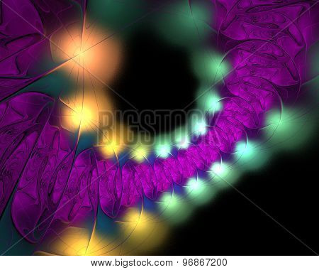 Abstract Fractal Design. Violet Garland And Blur Lights On Black.