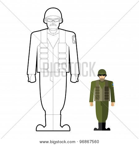 Soldiers Coloring Book. Military Clothing: Helmet And Body Armor. Vector Illustration.