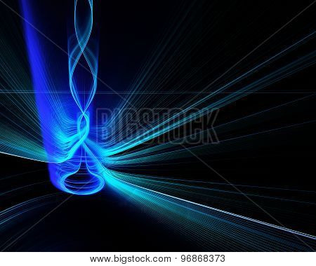 Abstract Fractal Design. Vertical Spiral Of Blue Smoke And Flame On Black.