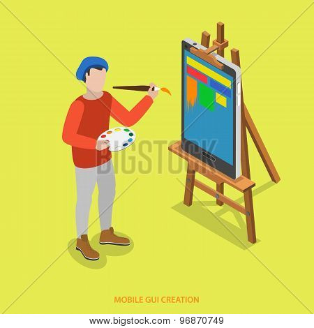 Mobile GUI creation flat isometric vector concept.