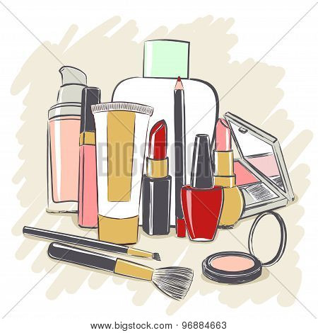 Set Of Cosmetics Products For Makeup
