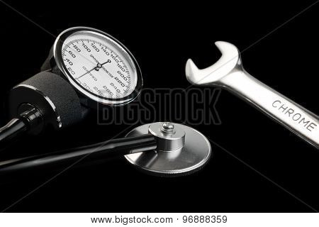 Manual Sphygmomanometer Isolated On Black Close-up