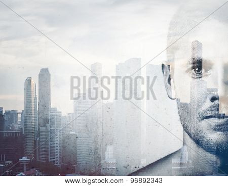 Double exposure  black and white portrait  man