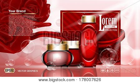 Cosmetic ads template, moisturizing lotions set cover mockup. Red roses flowers fragrance. Dazzling effect background. Cream, spray bottle, tube. 3D Realistic Vector illustration
