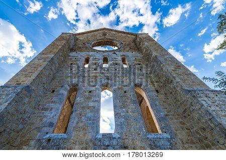 Medieval Abbey Of San Galgano From 13Th Century, Near Siena, Tuscany, Italy