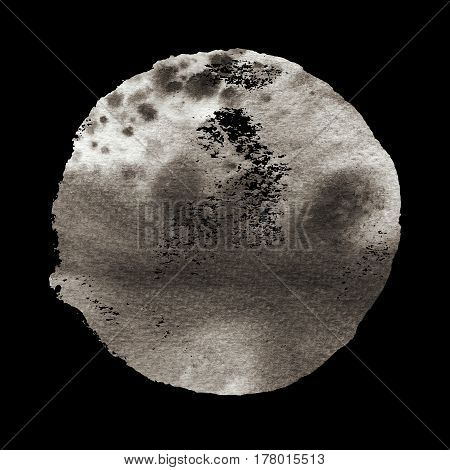 Dark gray circle. Round watercolor stain with realistic paper texture. Watercolour payne grey arsenic vibrant spot. Hand drawn template with space for own text.