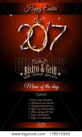 Restaurant Meny template for 2017 Easter celebration with a Golden egg and metal effect lettering. Also ideal for flyers, banners, depliant, invitation and generic seasonal wallpapers