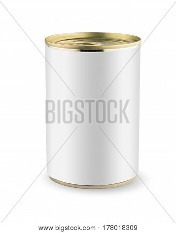 White blank tincan gold metal Tin Can, canned Food. Isolated on white background. Ready for your design. Real product packing.