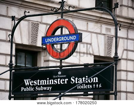 London 20 March 2017: London Westminster underground station in London. The station is the main access to the Houses of Parliament, home to the British government.