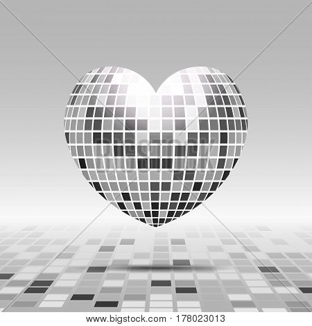 Heart symbol with texture disco ball in gray color isolated on perspective background