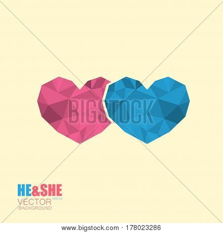 Two simple polygonal hearts icon symbol of man and woman isolated on beige background