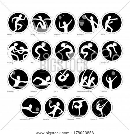 Vector set of sport icons. A collection of round signs. Different sports in black and white