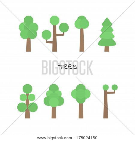 Vector set of simple trees. Flat trees Isolated on white background.