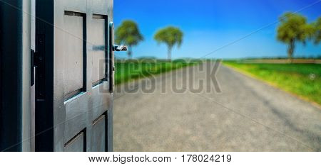 Opened Door Concept To Beautiful Road Contryside Landscape