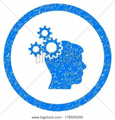 Business Idea grainy textured icon inside circle for overlay watermark stamps. Flat symbol with dust texture. Circled dotted vector blue ink rubber seal stamp with grunge design on a white background.