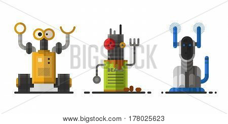 Cute vintage robot technology machine future science toy and cyborg futuristic design robotic element icon character vector illustration. Cartoon space retro android graphic mechanical monster.